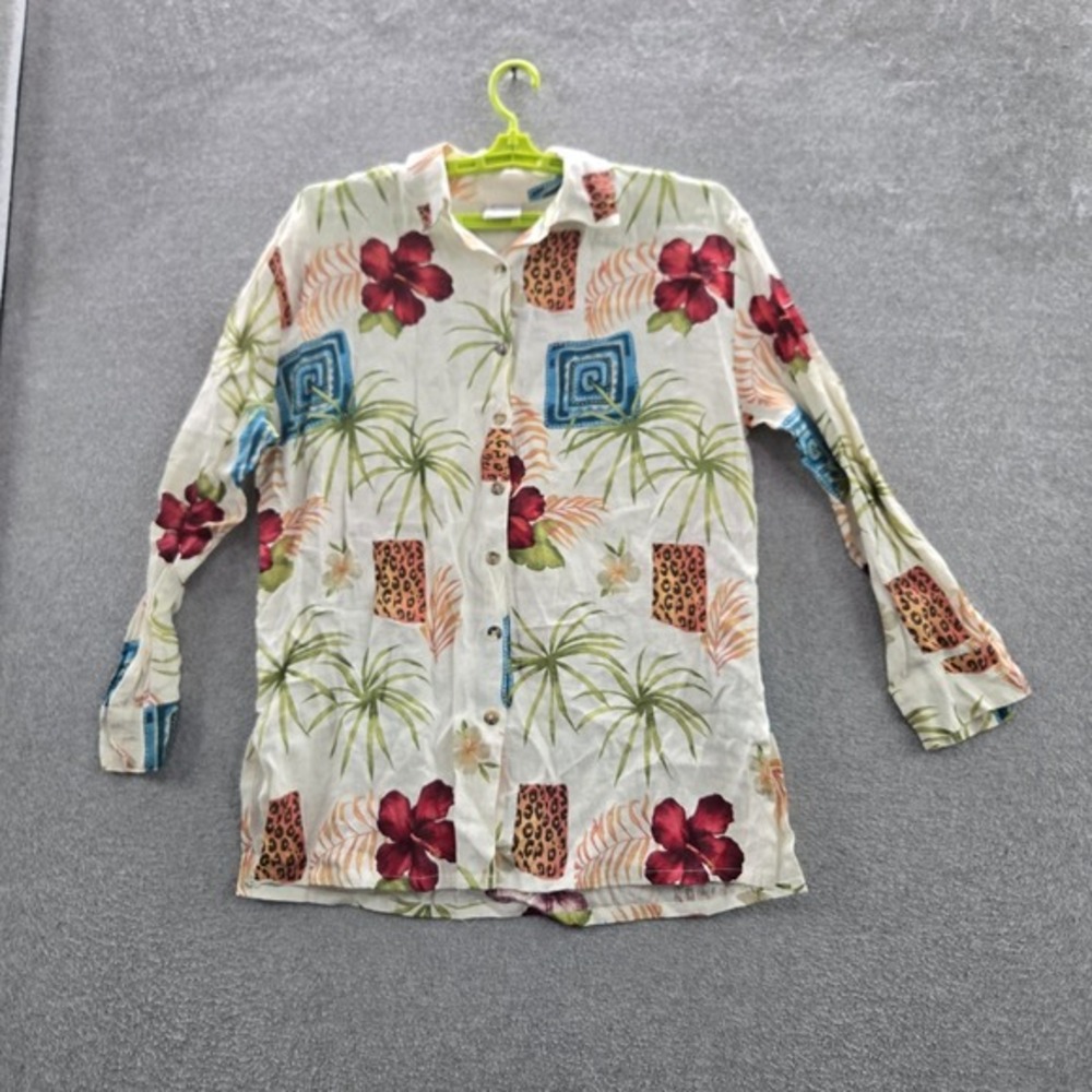 California Threads Women Button Up Shirt M White Linen Floral Hawaiian